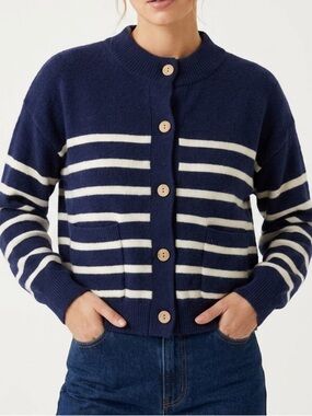 Cielo Navy White Striped Cardigan Sweater Coastal Preppy Women’s L